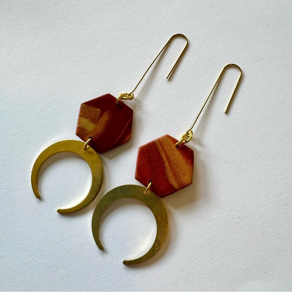 Long Dangle Rusty Rose Hex Earrings with Creescent Moon Charm